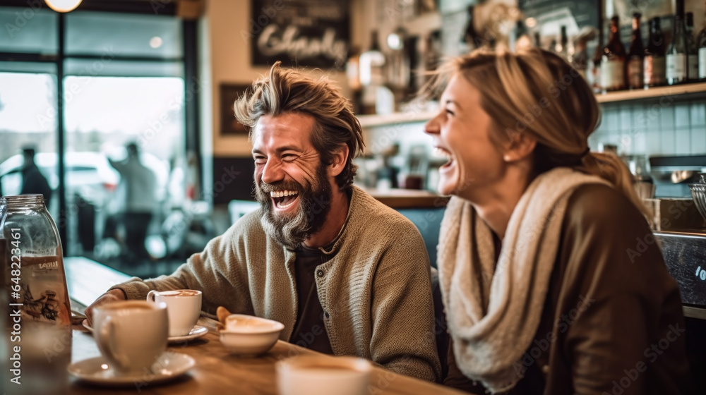 Joyful Connection: Friends Share Laughter Over Coffee in Cozy Cafe Ambiance