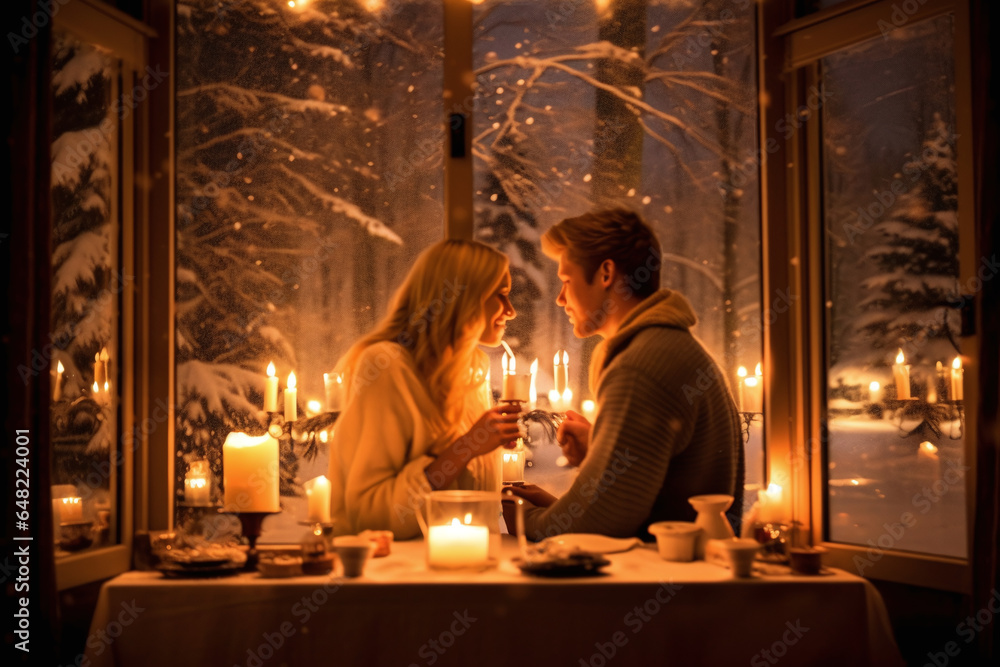 Romantic Couple Enjoying a Cozy Candlelit Dinner by the Snowy Window View