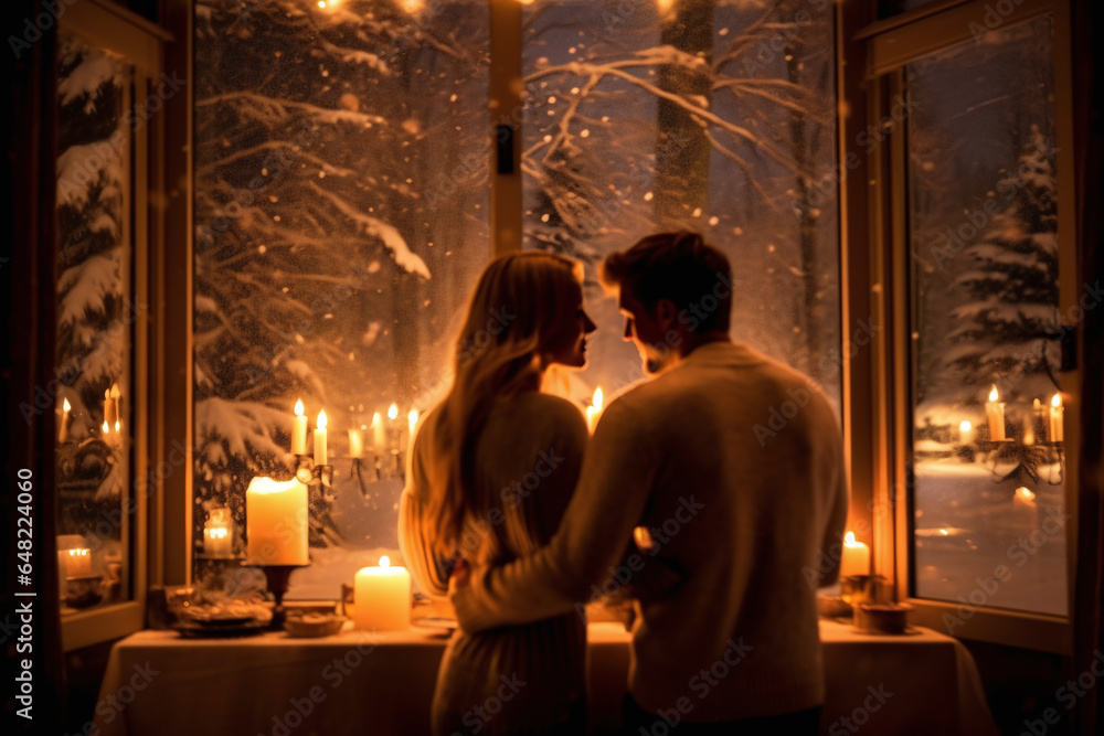 Romantic Couple Enjoying a Cozy Candlelit Dinner by the Snowy Window View