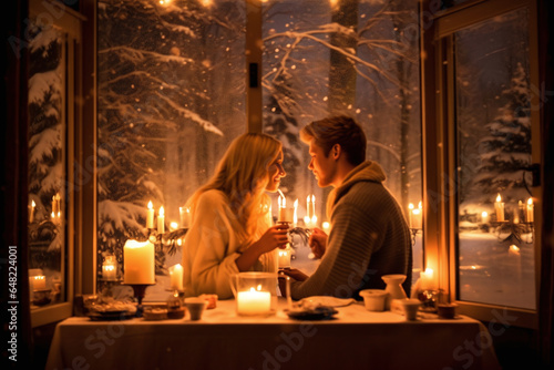 Romantic Couple Enjoying a Cozy Candlelit Dinner by the Snowy Window View