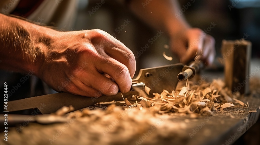 Carpenter at Work: Tool in Sharp Focus, Blurred Wood Shavings in Foreground, with a Hazy Workshop Scene in the Background