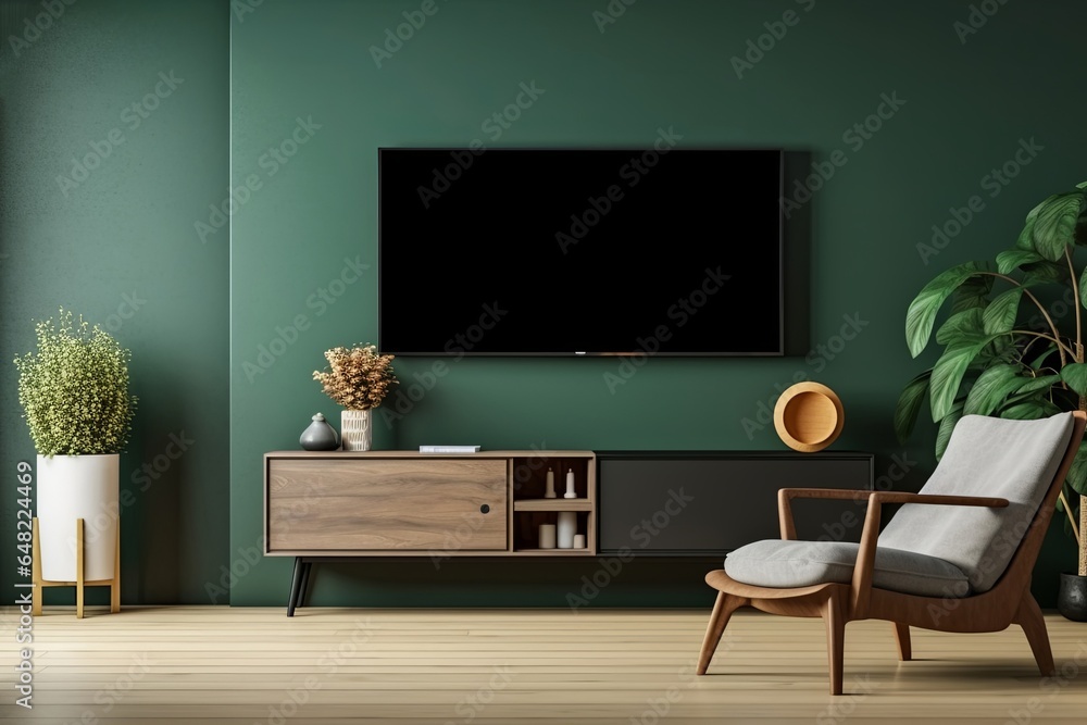 Wall mounted tv and cabinet with gray armchair in modern living room the dark green wall, Generative AI - obrazy, fototapety, plakaty 