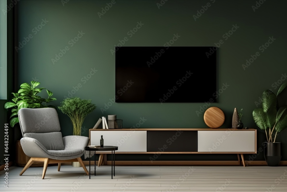 Wall mounted tv and cabinet with gray armchair in modern living room the dark green wall, Generative AI Wall mounted tv and cabinet with gray armchair in modern living room the dark green wall, Generative AI