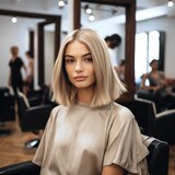 Stunning Blonde Woman Model a Bob Haircut in a Salon, Sitting Elegantly on the Chair Showcasing Flawless Makeup