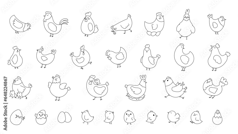 Hen rooster and chick. Coloring Page. Cute chicken farm characters. Vector drawing. Collection of design elements.