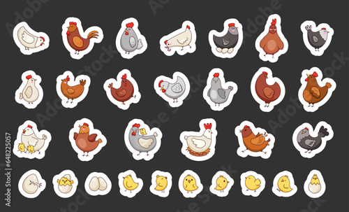 Hen rooster and chick. Sticker Bookmark. Cute chicken farm characters. Vector drawing. Collection of design elements.
