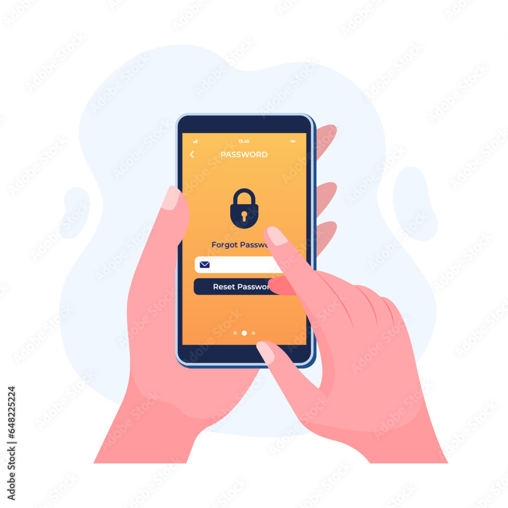 Hand holding smartphone with account password reset form page flat illustration vector template