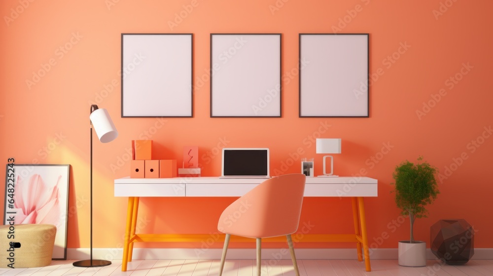 Fototapeta premium Stylish minimalist monochrome interior of modern office room in pastel orange and beige tones. Wooden desk with laptop and office tools, chair, floor lamp, houseplant, posters. Mockup, 3D rendering.
