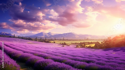 an elegant AI image of a peaceful, sunlit lavender field in full bloom