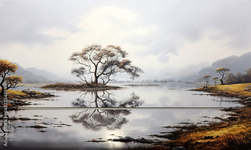 Watercolor, landscape with the reflection of a tree in the water.