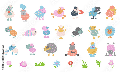 Sheep character cartoon. Cute farm animal. Flower  grass  plant. Vector drawing. Collection of design elements.