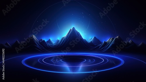 Abstract Blue Wallpaper with Snow Mountains and Neon Light Circles