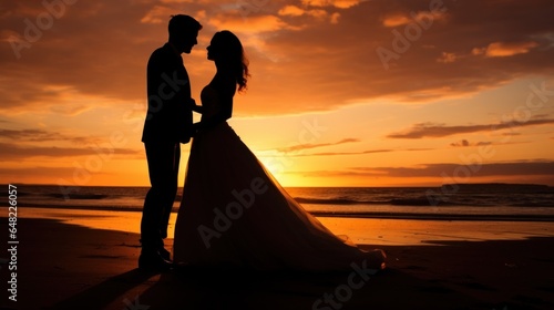 Silhouette of Bride and Groom Wedding at a Beach on Sunset