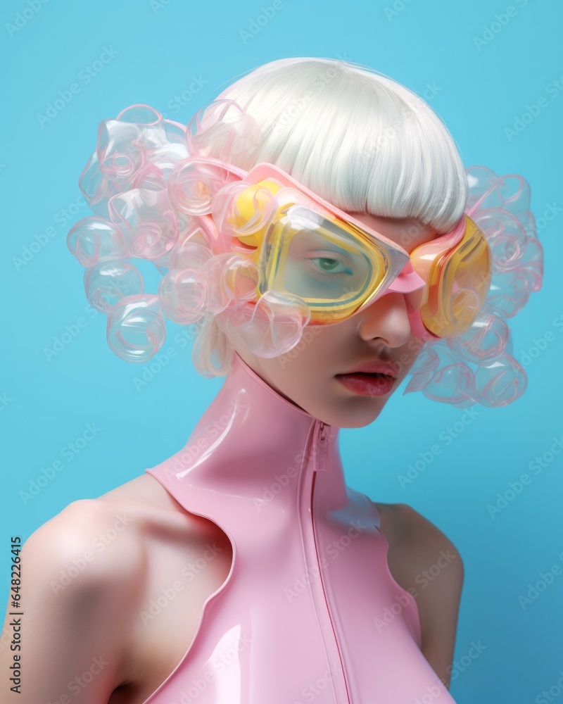 A futuristic woman stands out in the crowd with her unique fashion statement of pink and yellow goggles, showcasing her bold sense of style A futuristic woman stands out in the crowd with her unique fashion statement of pink and yellow goggles, showcasing her bold sense of style
