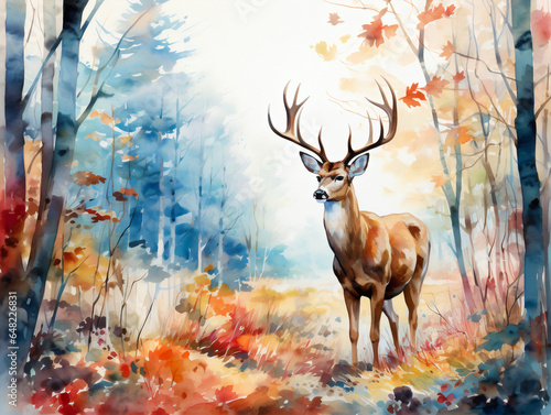 A deer in autumn forest calm and peacful in watercolor and acrylic style © amavi.her1717