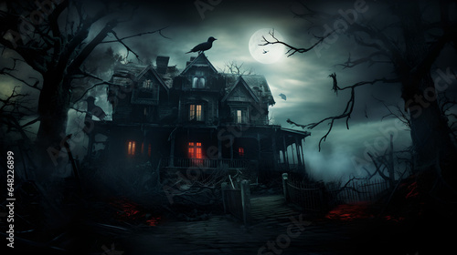 Haunted house mansion in a swamp at night. Horror house