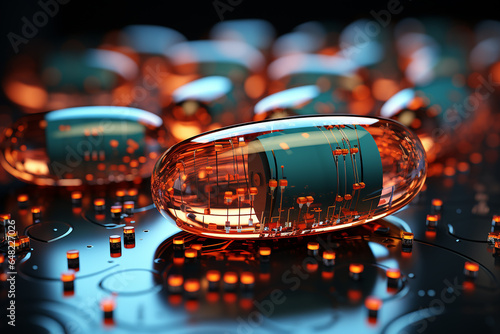 A large pill with a microchip embedded inside. The medicine of the future for many diseases.