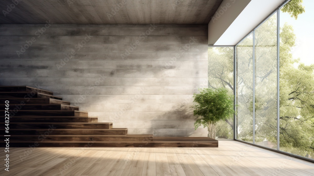 Interior of loft style room in luxury villa. Empty concrete walls, wooden floor, wooden staircase, houseplant, panoramic windows with garden view. Contemporary home design. Mockup, 3D rendering. Interior of loft style room in luxury villa. Empty concrete walls, wooden floor, wooden staircase, houseplant, panoramic windows with garden view. Contemporary home design. Mockup, 3D rendering.