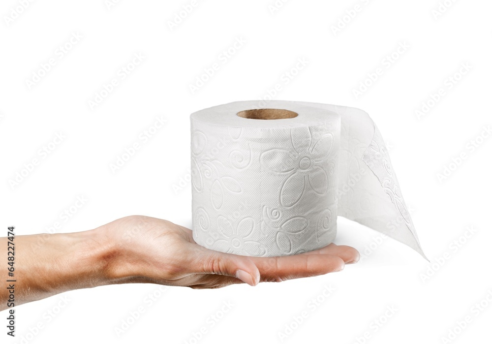 Fototapeta premium Human hand hold soft white toilet paper