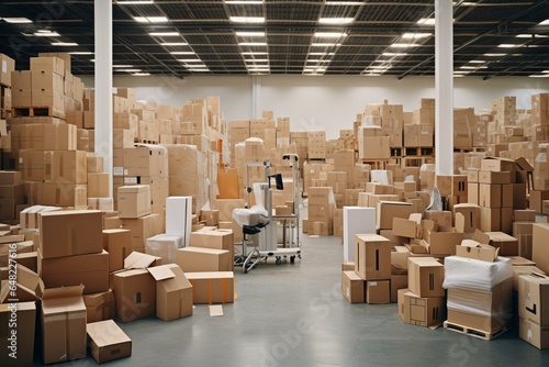 Inventory full of cardboard boxes in a modern retail warehouse. Generative AI
