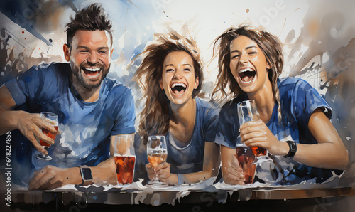 Watercolor, a group of young people having fun in a bar. photo