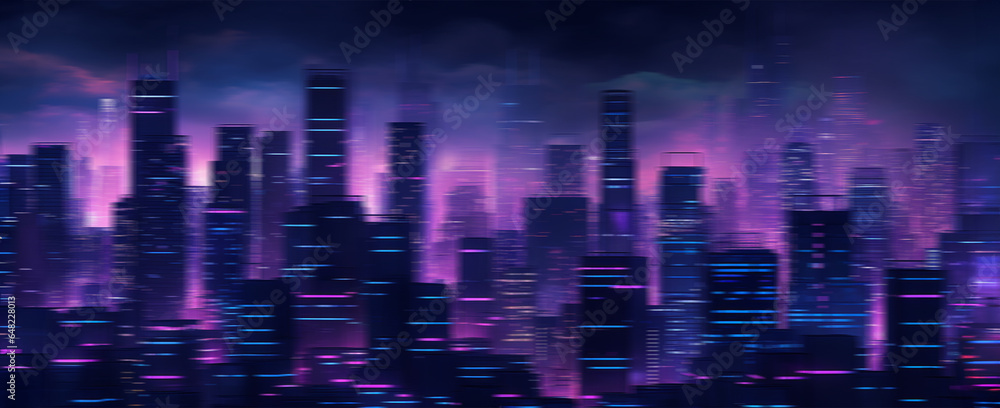 Abstract night lights over modern futuristic buildings. Defocused image of a dark fantasy,  haunted cityscape. Tall buildings, towers skyscrapers. Wide scale image created using Generative AI tools.