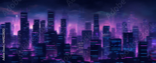 Abstract night lights over modern futuristic buildings. Defocused image of a dark fantasy, haunted cityscape. Tall buildings, towers skyscrapers. Wide scale image created using Generative AI tools.