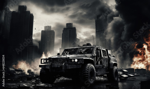 Intense battlefield scene. Burning armored military vehicle in city.