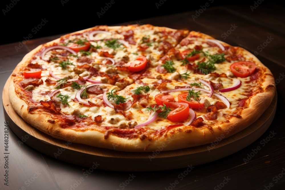 Delicious fresh pizza with vegetables and spices on wooden pizza board on table