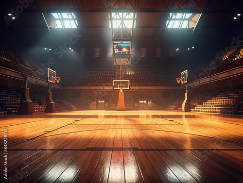 Basketball sport arena. Interior view to wooden floor of basketball court.  basketball hoops side view. sport background , Generative Ai  © Amir
