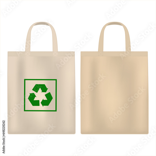 Canvas bag. White fabric bag mockup. Fabric bag with handle. Reusable shopping bag. Shopping eco concept. Eco-bag for groceries with recycle sign. Vector illustration isolated on white background