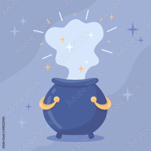 Magic cauldron illustration in flat cartoon style. Witchcraft Halloween which attributes.