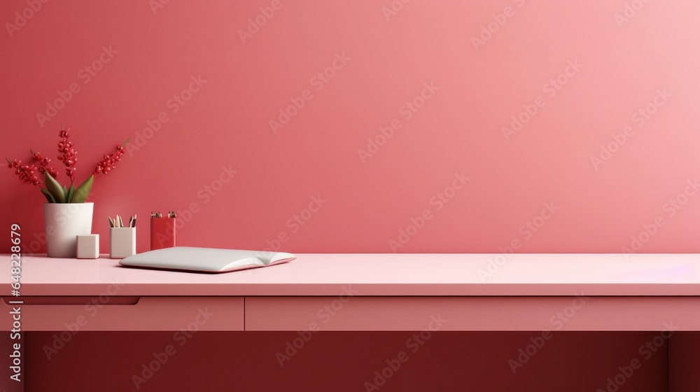 Minimalist monochrome interior of modern office room in pastel carmine red and pink tones. Fragment. Large desk, open book, office tools, houseplant. Creative design. Mockup, 3D rendering. Minimalist monochrome interior of modern office room in pastel carmine red and pink tones. Fragment. Large desk, open book, office tools, houseplant. Creative design. Mockup, 3D rendering.