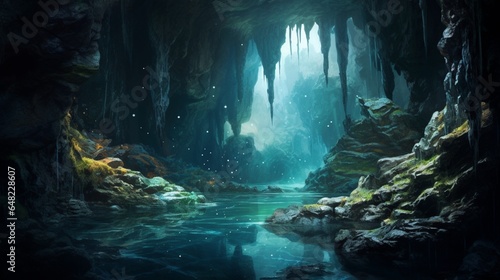 A fantasy concept art of an underground cavern with waterfalls and glowing crystals, surrounded by black rock formations and mosscovered walls. 
