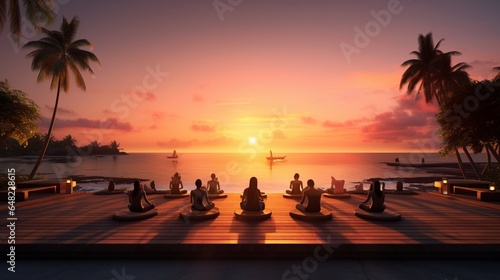 an elegant AI image of an island beachfront yoga session at sunrise