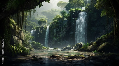  A fantasy jungle landscape with waterfalls and dense foliage  rendered in the style of concept art for games like Warcraft or League of Legends.