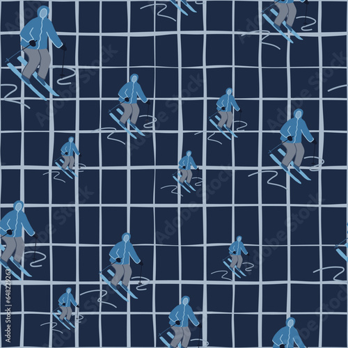 Winter sports seamless pattern. Skiers on the slope.