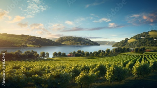an elegant AI image of a lakeside vineyard with rows of grapevines © Wajid