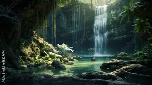 A fantasy scene of an ancient jungle with waterfalls and lush vegetation, where the sun shines through thick canopy to light up the serene pool at its base.