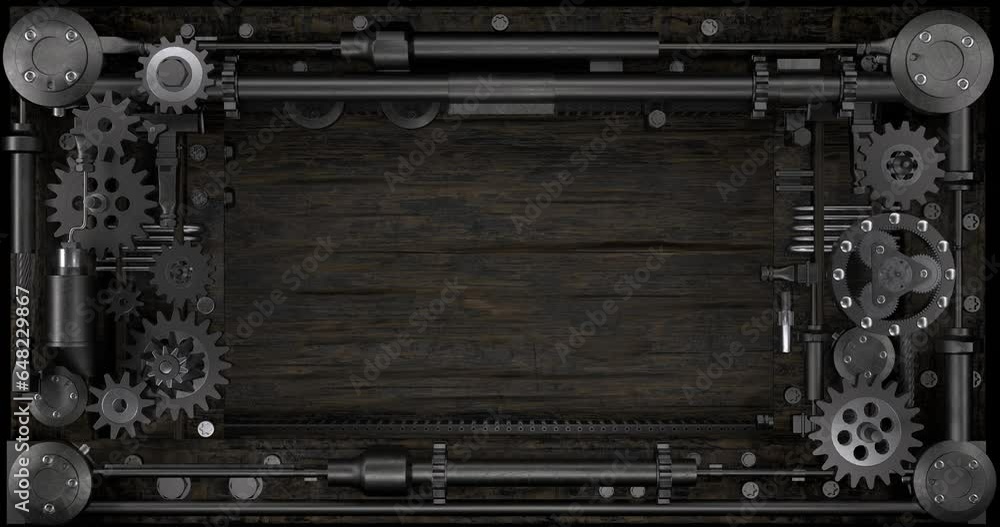 rectangular frame in steampunk style. Ornate frame in steampunk style. Gears, clockwork elements, rivets, dials, old, cracked, wood, fantasy