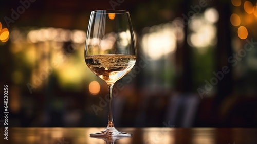 an elegant and enticing picture of a crystal-clear wine glass catching the glow of natural light while white wine is poured into it
