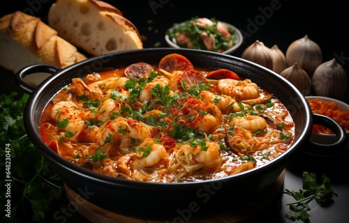 Top view of a delicious Mediterranean-style tomato seafood soup made with a variety of mixed shellfish. Generative AI