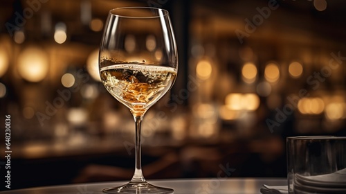 an elegant and sophisticated scene of a wine glass capturing the pour of a vintage white wine in a high-end restaurant