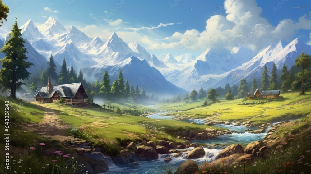 an elegant depiction of a valley with a charming cottage nestled in a meadow