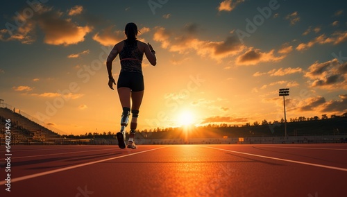 Disabled male runner on prosthetic leg disable man on sport race sport center stadium in sunset sport active background concept © VERTEX SPACE