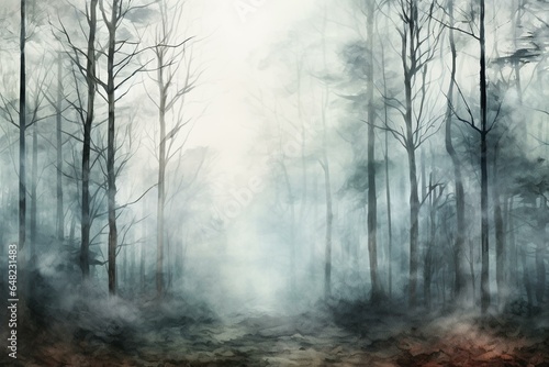Misty woods portrayed with a digital watercolor technique. Generative AI
