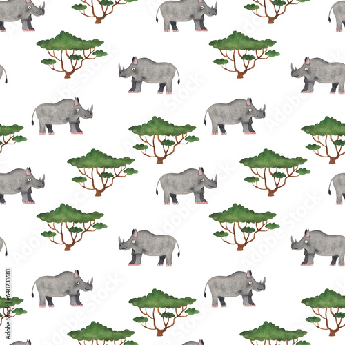 Cute rhinoceros. Seamless pattern. Watercolor illustration in cartoon style. Cute textures for baby textiles  fabric design  scrapbooking  wallpaper  etc.
