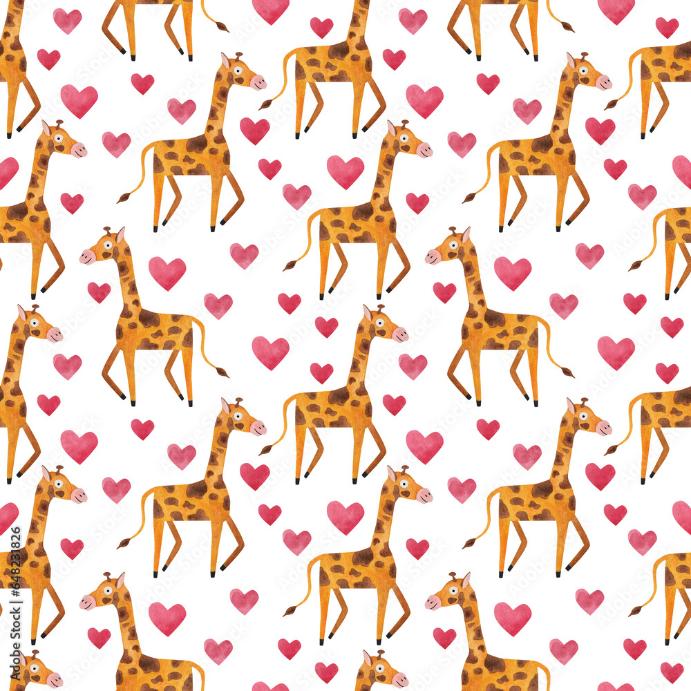 Obraz premium Cute giraffe and hearts. Seamless pattern. Watercolor illustration in cartoon style. Cute textures for baby textiles, fabric design, scrapbooking, wallpaper, etc.