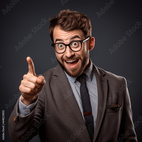 The enthusiastic business guy energetically points to the side with his index finger, a spark of excitement in his eyes as he gestures towards something intriguing, Generative Ai illustration