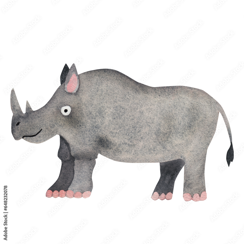 Fototapeta premium Cute rhinoceros. Children's illustration. Watercolor illustration in cartoon style.